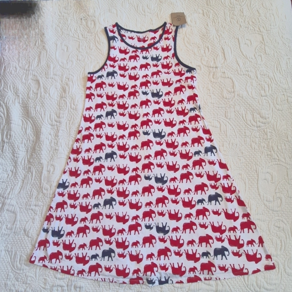 Lands' End girls size 14 white tank dress with blue & red elephants NWT